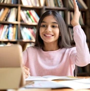 girl student raise her hand during online class